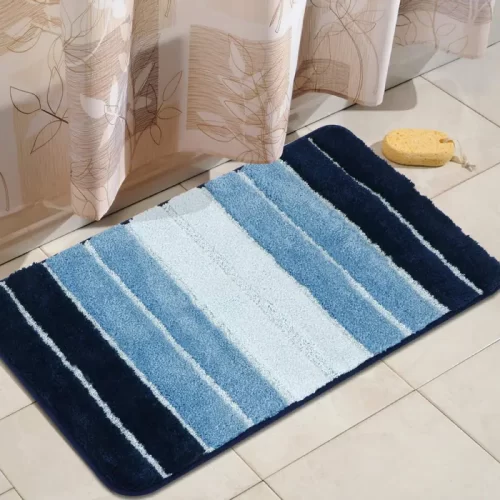 HOKIPO® Striped Bathroom Mat Microfiber, Antiskid, Machine Washable (40 x 60 cm, Blue)