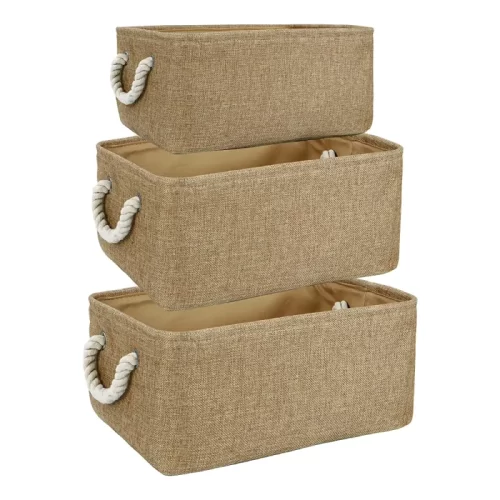 HomeStorie Cotton Eco-Friendly Foldable Storage Basket Bins Organizer (Brown) - Pack of 3