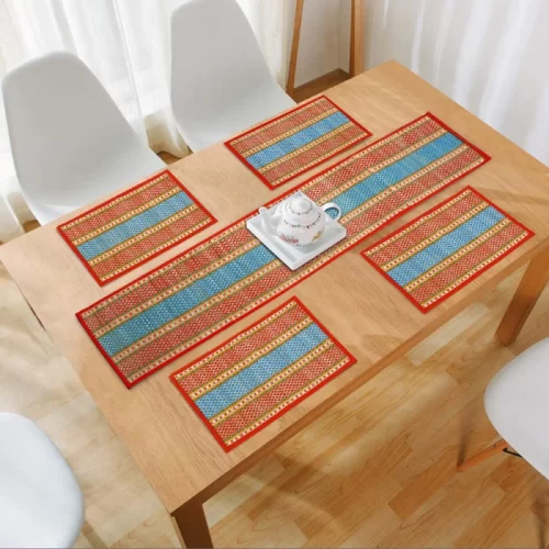 Natural Handcrafted MadurKathi Center Table Runner 4 Seater with Mats, Red - Set of 4