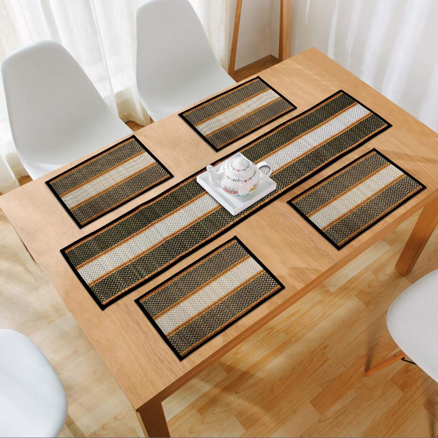 HOKIPO® Natural Handcrafted MadurKathi Table Mats & Runners 4 Seater, Black - Set of 4