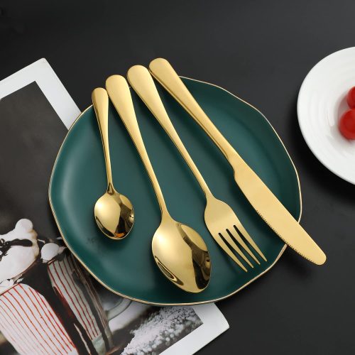 HOKIPO Gold Cutlery Set of 20 Pcs Stainless Steel Flatware Set, Mirror Finish with Gift Box