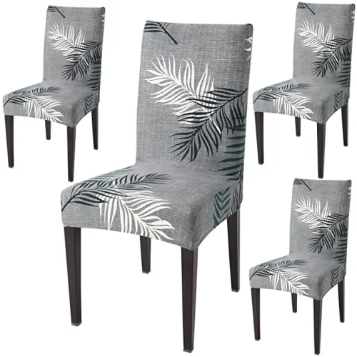 HOKIPO Stretchable Dining Chair Covers Set of Washable Slip Covers - Grey Leaves