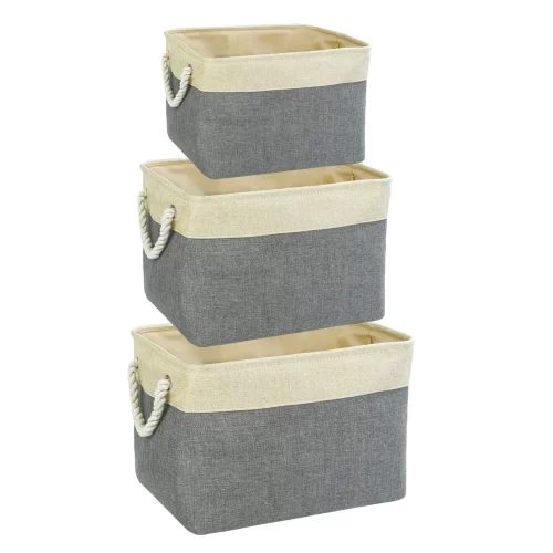 HomeStorie Cotton Eco-Friendly Foldable Clothes Storage Basket Bin Organizer (Grey) - Set of 3