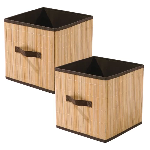 Natural Bamboo Eco-Friendly Foldable Cube Storage Basket (Beige) Pack of 2 (28cmx28cmx28cm)
