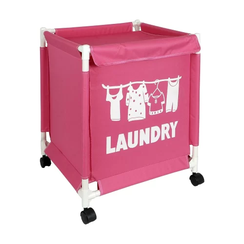 Oxford Fabric Laundry Basket With Wheels | Laundry Hamper with Lid Cover | Rolling Laundry Clothes Basket Trolley, 60x44x44 cm, Pink