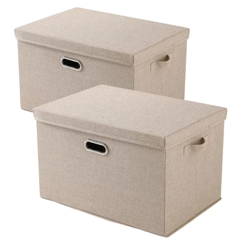 Exclusive Multipurpose Storage Bins with Cover for Cupboard, Home and Office, Beige, Large, Pack of 2