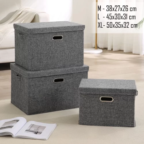 New Multipurpose Storage Bins with Lid for Cupboard, Home and Office, Grey, Large, Pack of 2