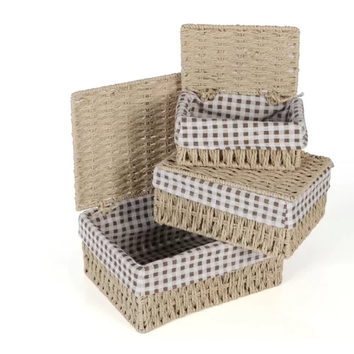 Eco-Friendly Paper Rope Wicker Storage Baskets with Lid, Pack of 3, Beige