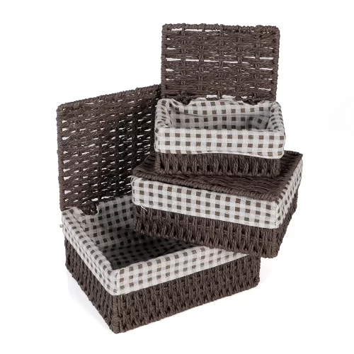 New Eco-Friendly Paper Rope Wicker Storage Baskets with Lid, Pack of 3, Dark Brown