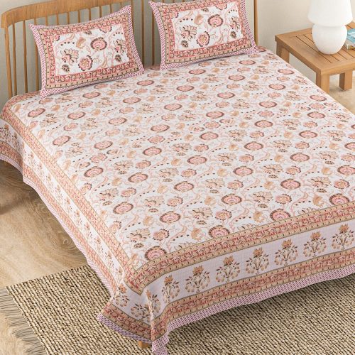 New 100% Cotton Ethnic Jaipuri Sanganeri Hand Block Printed King Size Double Bedsheet with 2 Pillow Covers, 300 Thread Count Jaipuri Gold Mystic Range - Size 100 x 108 Inches (Bellflower Pink)