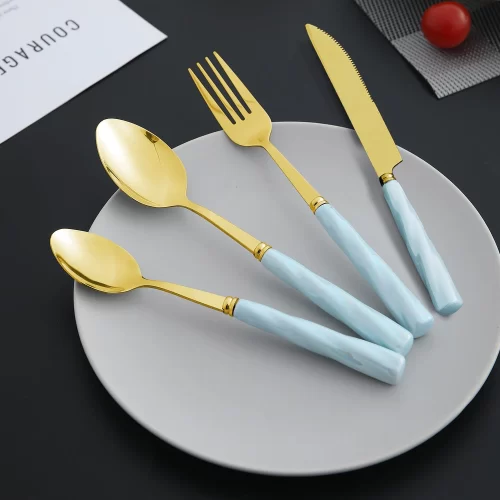 New Luxurious Ceramic 24Pcs Gold Cutlery Set of 6 Spoons, 6 Knives, 6 Fork and 6 Tea Spoons, Blue