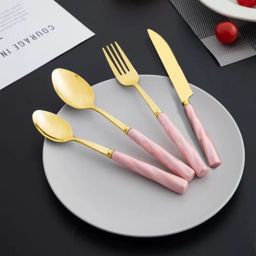 New Luxurious Ceramic 24Pcs Gold Cutlery Set of 6 Spoons, 6 Knives, 6 Fork and 6 Tea Spoons, Peach