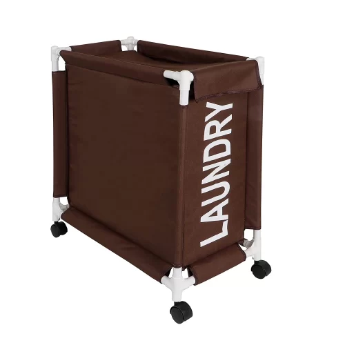 New Oxford Fabric Laundry Basket With Wheels | Laundry Hamper with Lid Cover | Rolling Laundry Clothes Basket Trolley, 65x30x58 cm, Brown