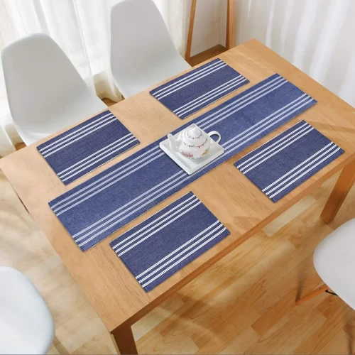 Cotton Ribbed Washable 4 Table Mats with Runner, Blue