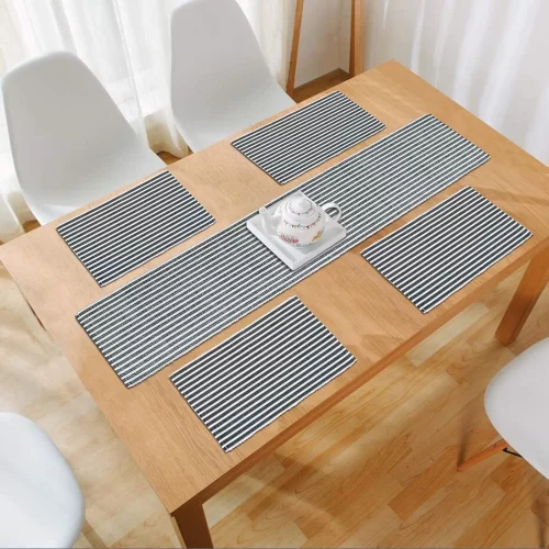 New Cotton Ribbed Washable 4 Table Mats with Runner, Stripped Grey