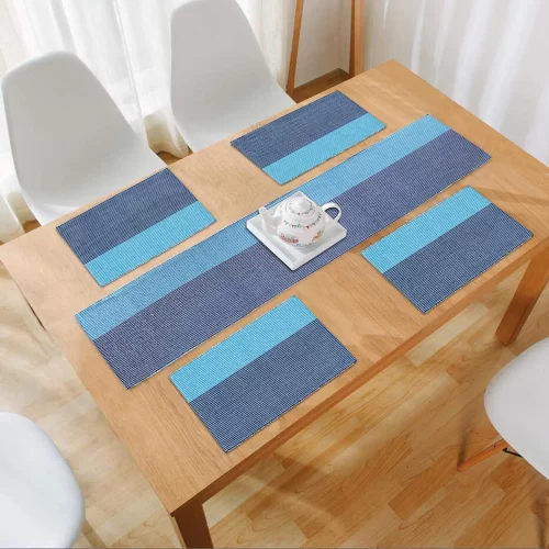 New Cotton Ribbed Washable 4 Table Mats with Runner, Sky Blue