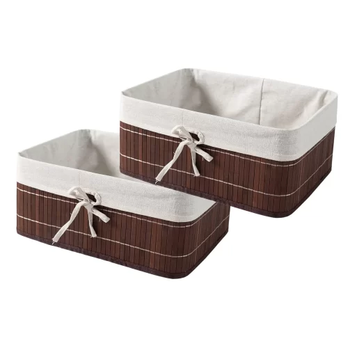 New Eco-Friendly Foldable Bamboo Baskets for Storage, Pack of 2 (Dark Brown, Large)
