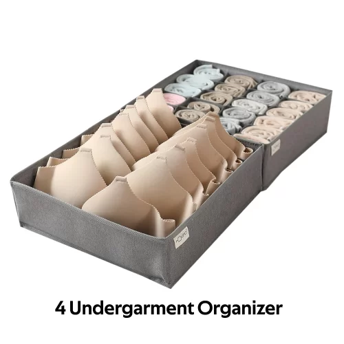 New Premium Undergarment Organizer Storage Box for Drawers Bra Panty Socks Tie Lingerie Organizer for Wardrobe, Pack of 4, Grey
