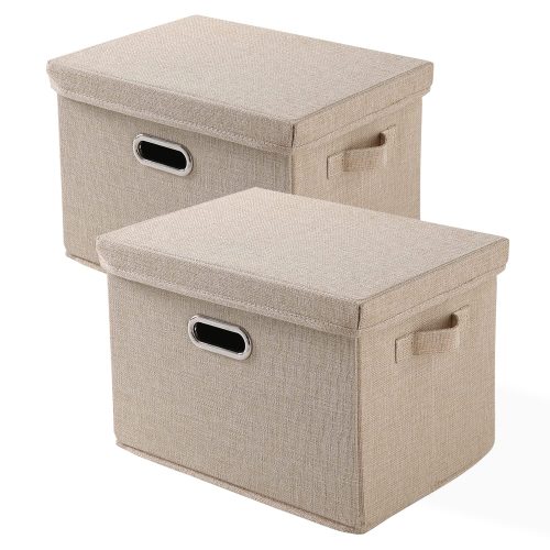 Exclusive Multipurpose Storage Bins with Lid for Cupboard, Home and Office, Beige, Medium, Pack of 2