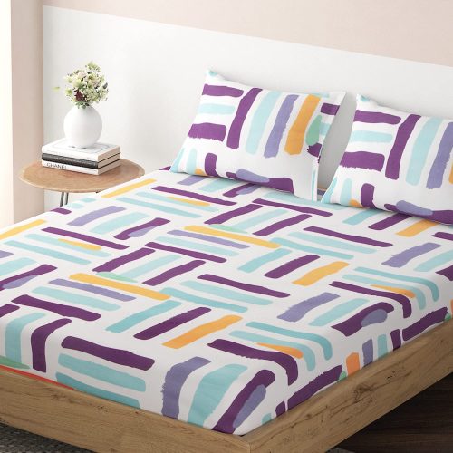 Premium Brushed Microfiber King Size Fitted Bedsheets Set | 135 GSM | 78x72 inches | 2 Pillow Covers | Abstract Stripes Multicolor Design | Elasticized Fit | Luxurious Bedding Solution