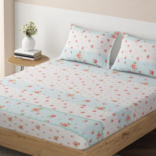 Premium Brushed Microfiber 135 GSM Fitted Bedsheets Queen Size Double Bed | 78 x 60 inches | 2 Pillow Covers | Floral Stripes Light Blue Design | Luxurious Softness & Durability