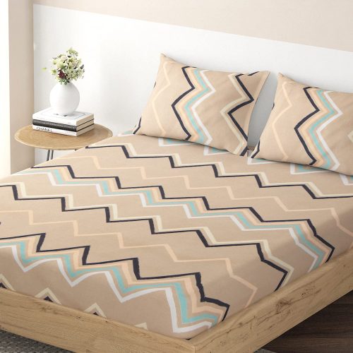 Premium Brushed Microfiber King Size Fitted Bedsheets Set | 135 GSM | 78x72 inches | 2 Pillow Covers | Zig Zag Pastel Brown | Elasticized Fit | Luxurious Bedding Solution