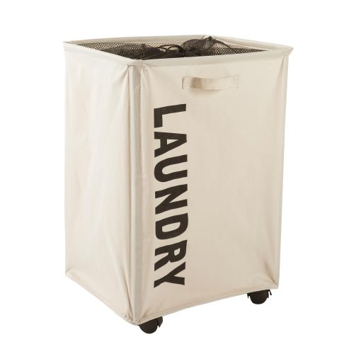 Laundry basket hamper with Wheels | Drawstring Mesh Cover on Top, Cream - 61LTR