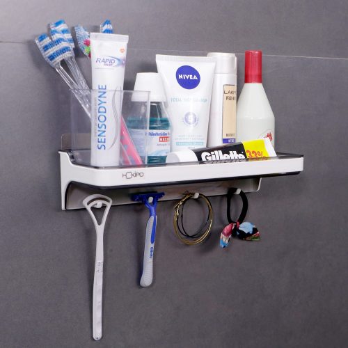 Magic Sticker Series Self Adhesive Bathroom Shelf for Toiletries With Hooks For Accessories, Plastic, Black