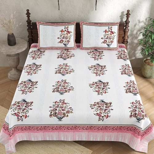 Pure Cotton Bedsheet King Size | Ethnic Jaipuri Sanganeri Hand Block Printed | Double Bedsheet with 2 Pillow Covers, 300 Thread Count Jaipuri Gold Mystic Range - Size 108 x 108 Inches (Lotus Pink)