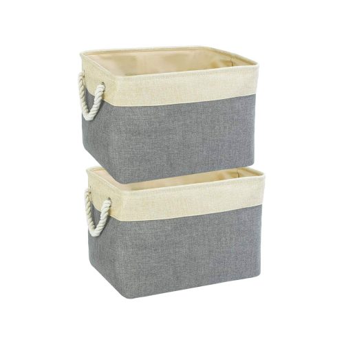 Jute Eco-Friendly Foldable Clothes Storage Basket Bin Organizer (Grey, Large) - Set of 2