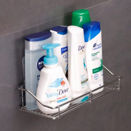 Stainless Steel Rack Bathroom & Kitchen, Self Adhesive, No Drill Wall Mounted Shelf, Magic Sticker Series (25x11 cm)