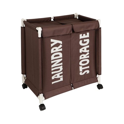 New Oxford Fabric Sorter Laundry Basket with Wheels | 2 Compartment Laundry Hamper with Lid Cover | Rolling Laundry Clothes Basket Trolley, 65x61x35 cm, Brown