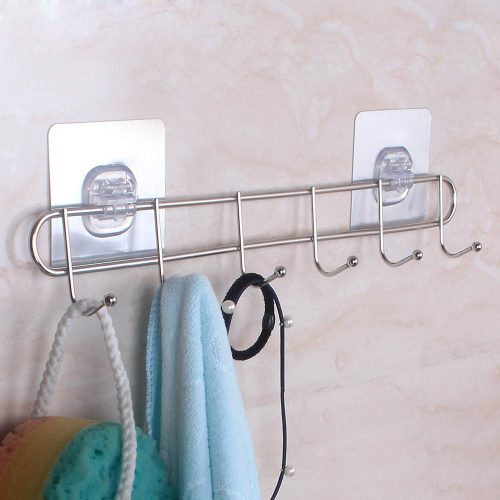 No drill Self Adhesive Stainless Steel 6 Hook Rail | Magic Sticker Series - 5KG Load Capacity