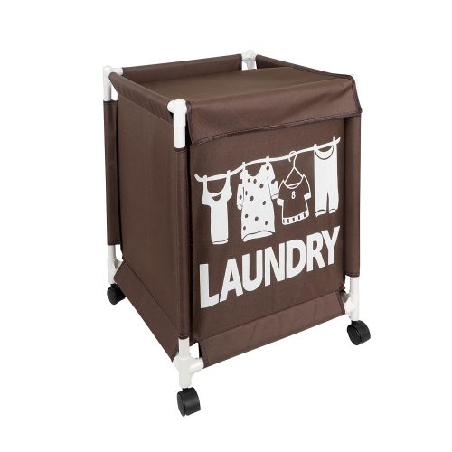 Oxford Fabric Laundry Basket With Wheels | Laundry Hamper with Lid Cover | Rolling Laundry Clothes Basket Trolley, 60x44x44 cm, Brown